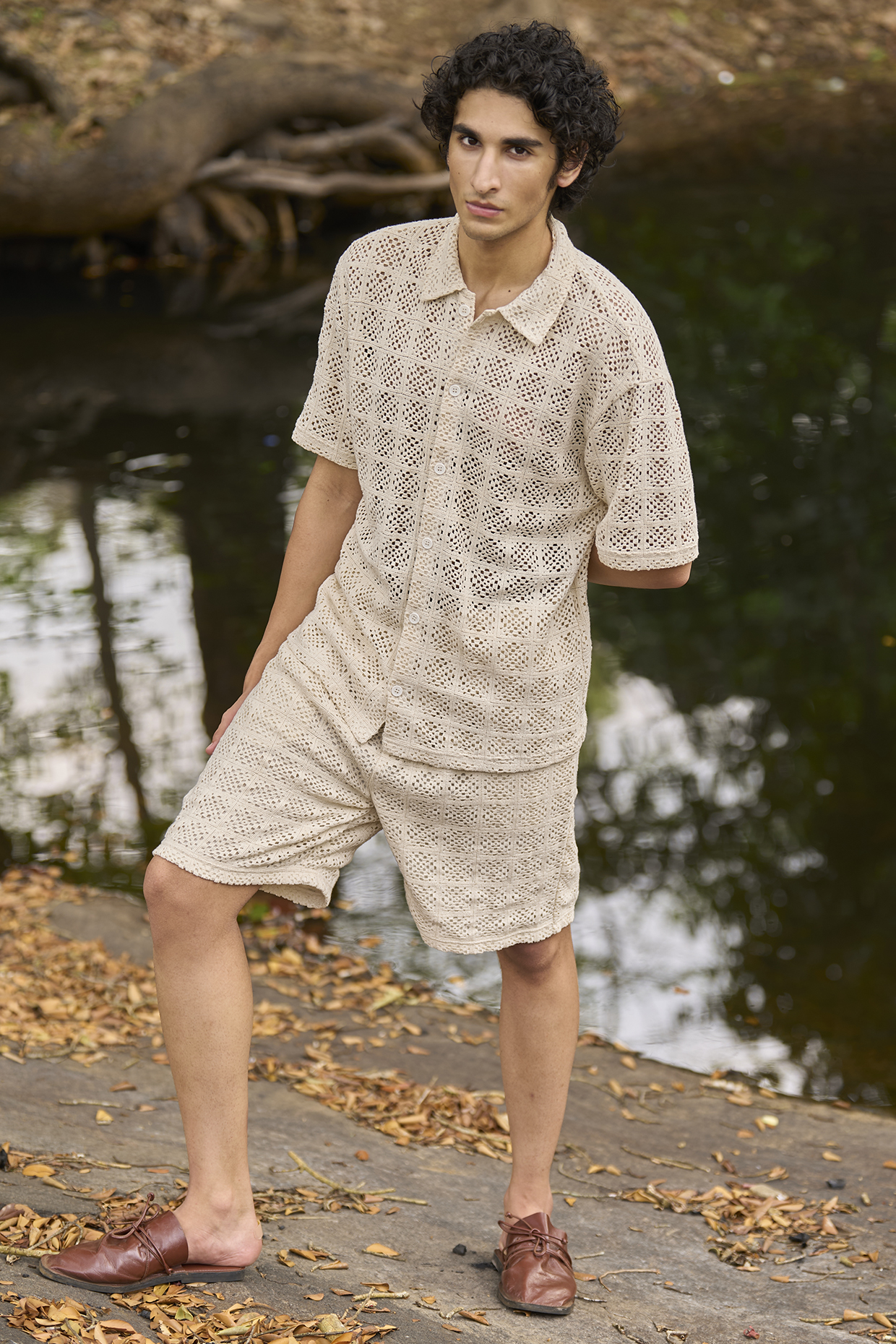 Beige Organic Cotton Crochet Co-Ord Set by Dash and Dot Men