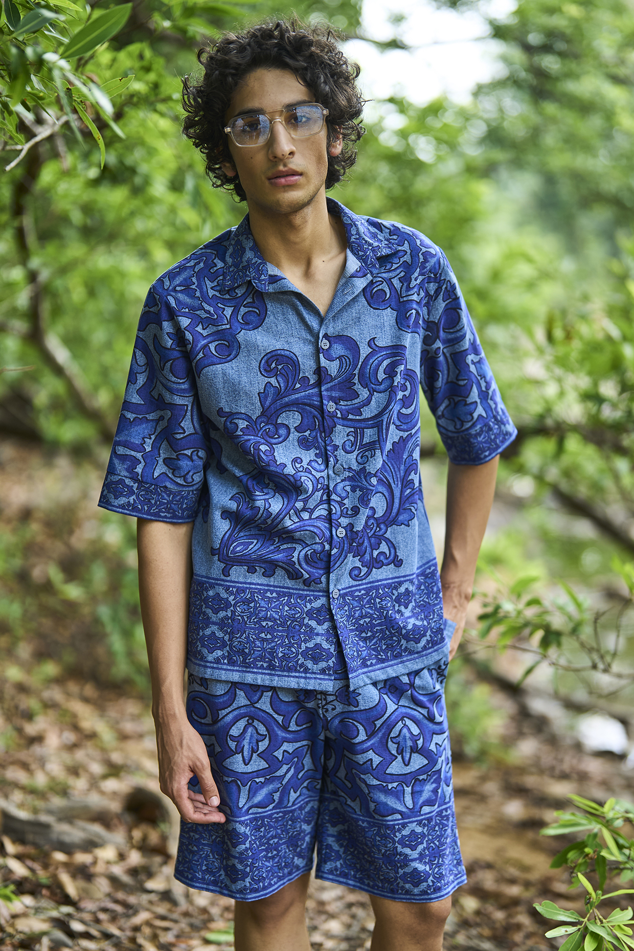 Blue Organic Cotton Printed Washed Denim Shirt by Dash and Dot Men