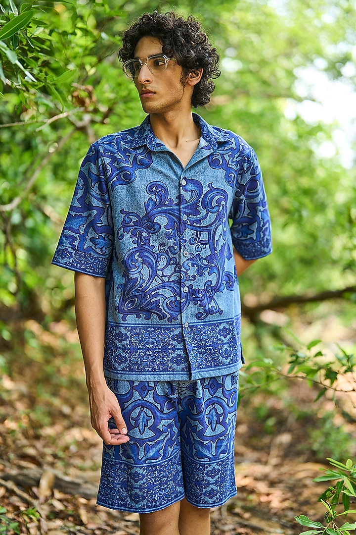 Blue Organic Cotton Printed Washed Denim Summer Shirt by Dash and Dot Men at Pernia's Pop Up Shop