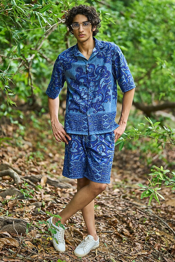 Blue Organic Cotton Printed Washed Denim Summer Shirt by Dash and Dot Men at Pernia's Pop Up Shop