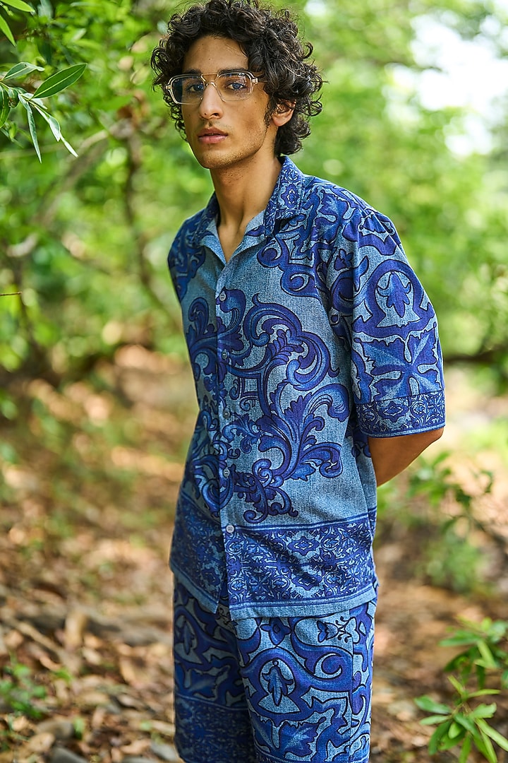 Blue Organic Cotton Printed Washed Denim Co-Ord Set by Dash and Dot Men at Pernia's Pop Up Shop