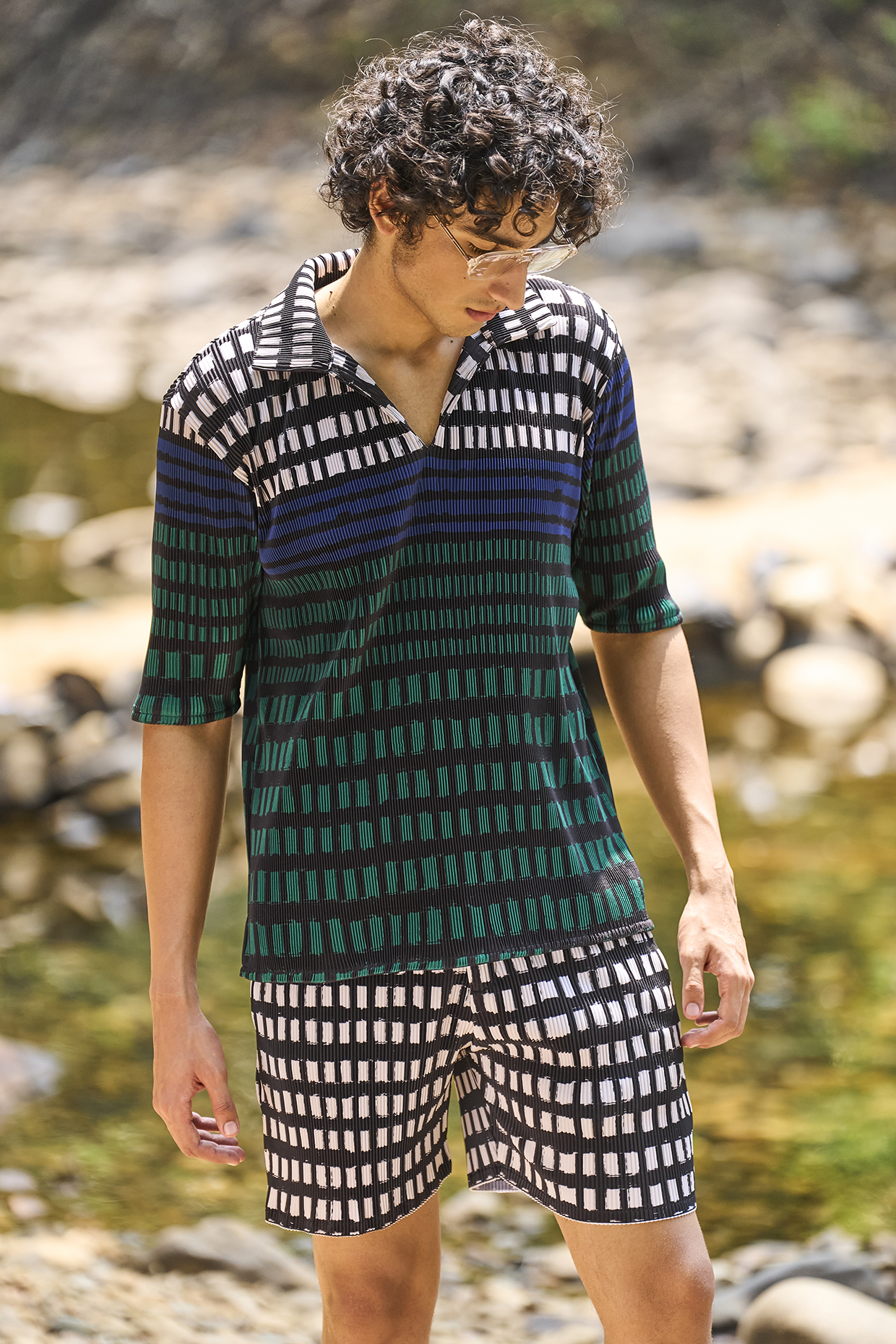Multi-Colored Recycled Polyester Popover Pleated Shirt by Dash and Dot Men