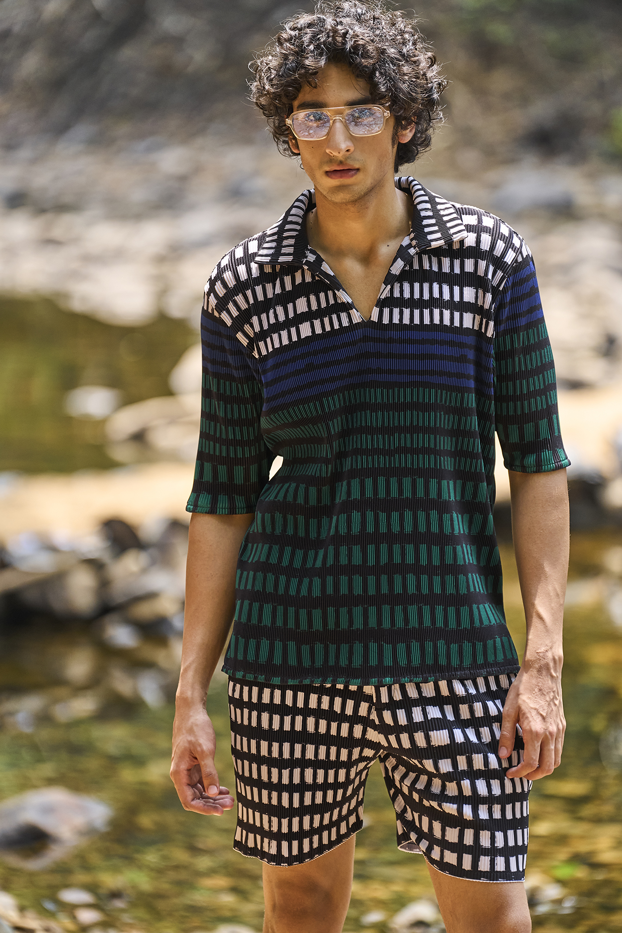 Multi-Colored Recycled Polyester Checkered Printed Pleated Shorts by Dash and Dot Men
