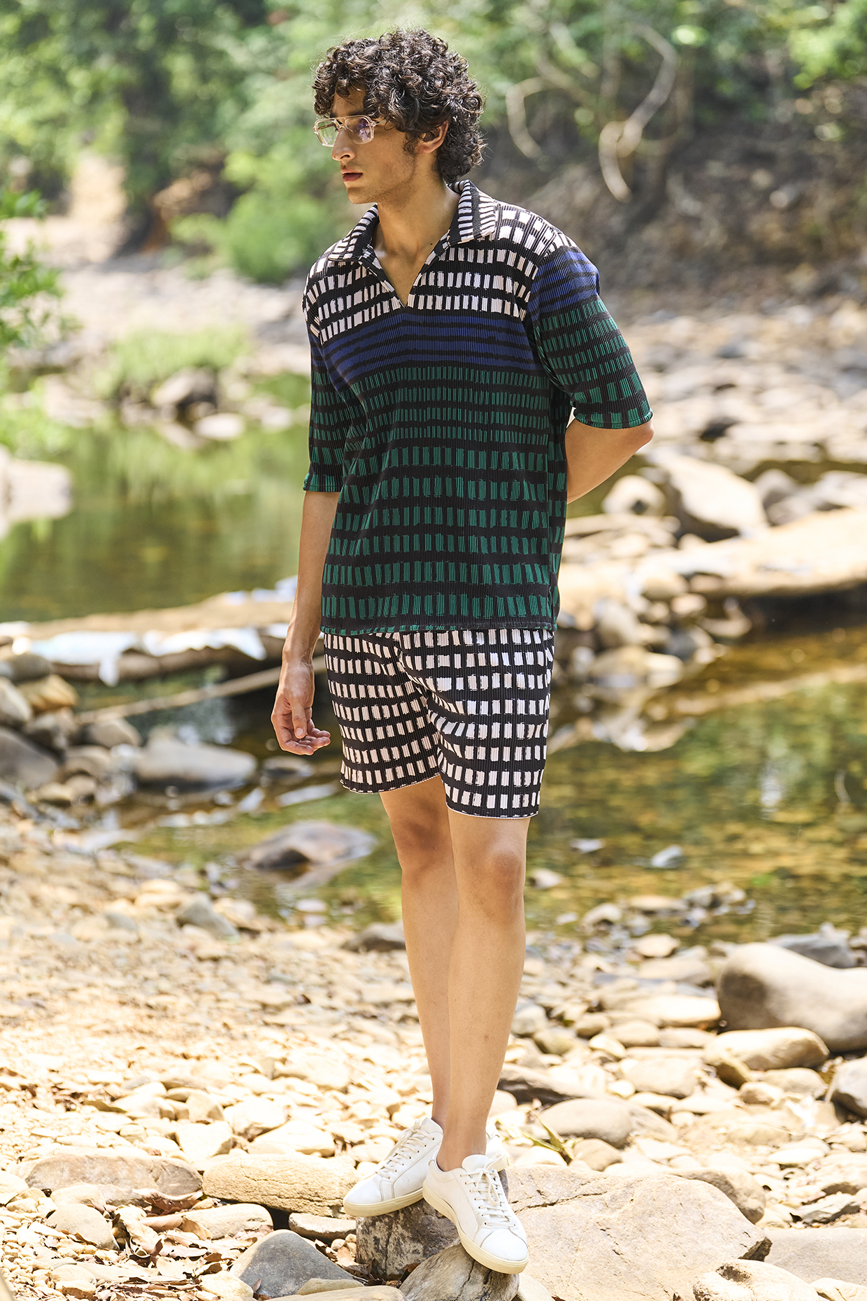 Multi-Colored Recycled Polyester Checkered Printed Co-Ord Set by Dash and Dot Men