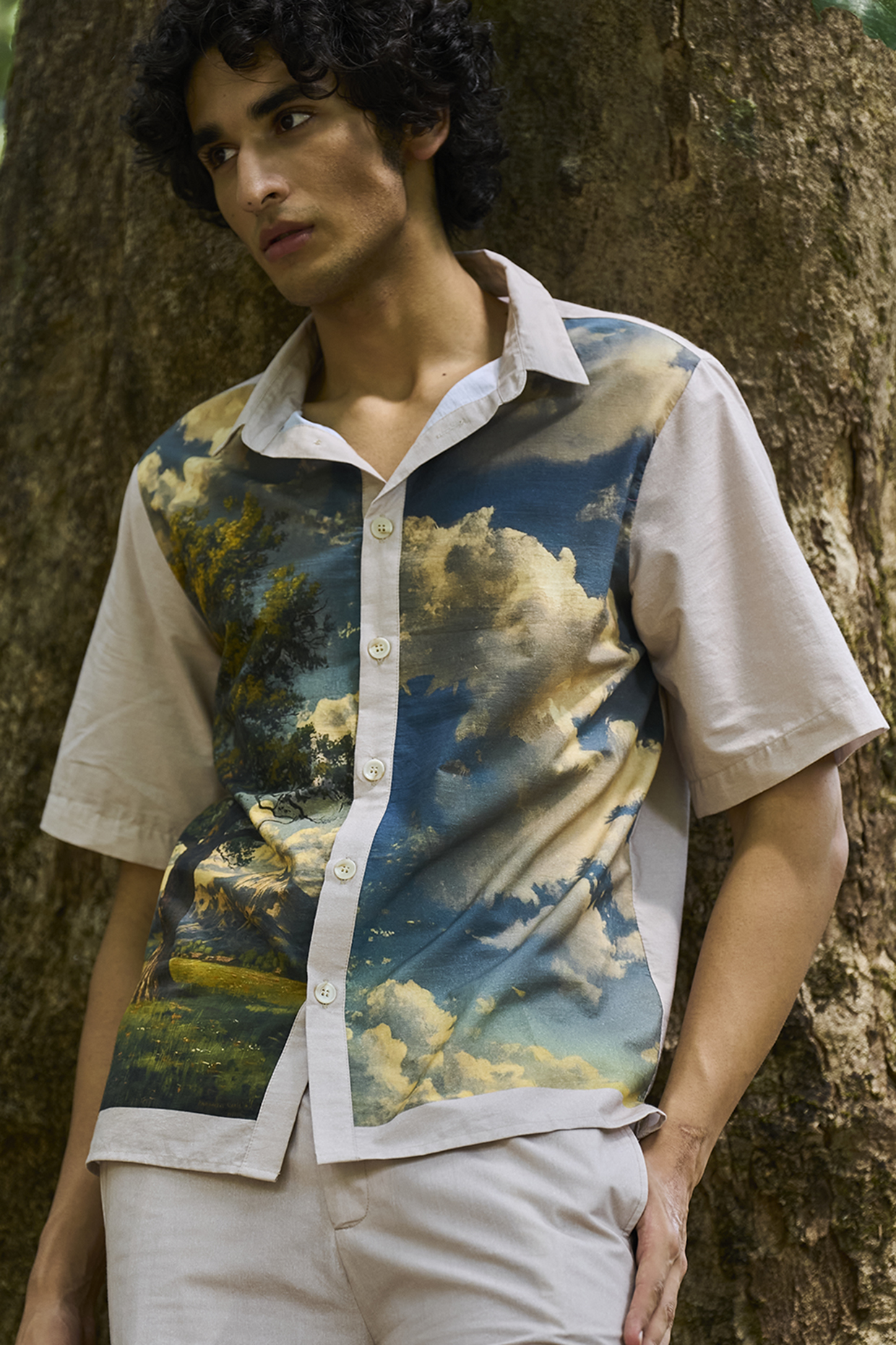 Beige Cotton Poplin Printed Shirt by Dash and Dot Men