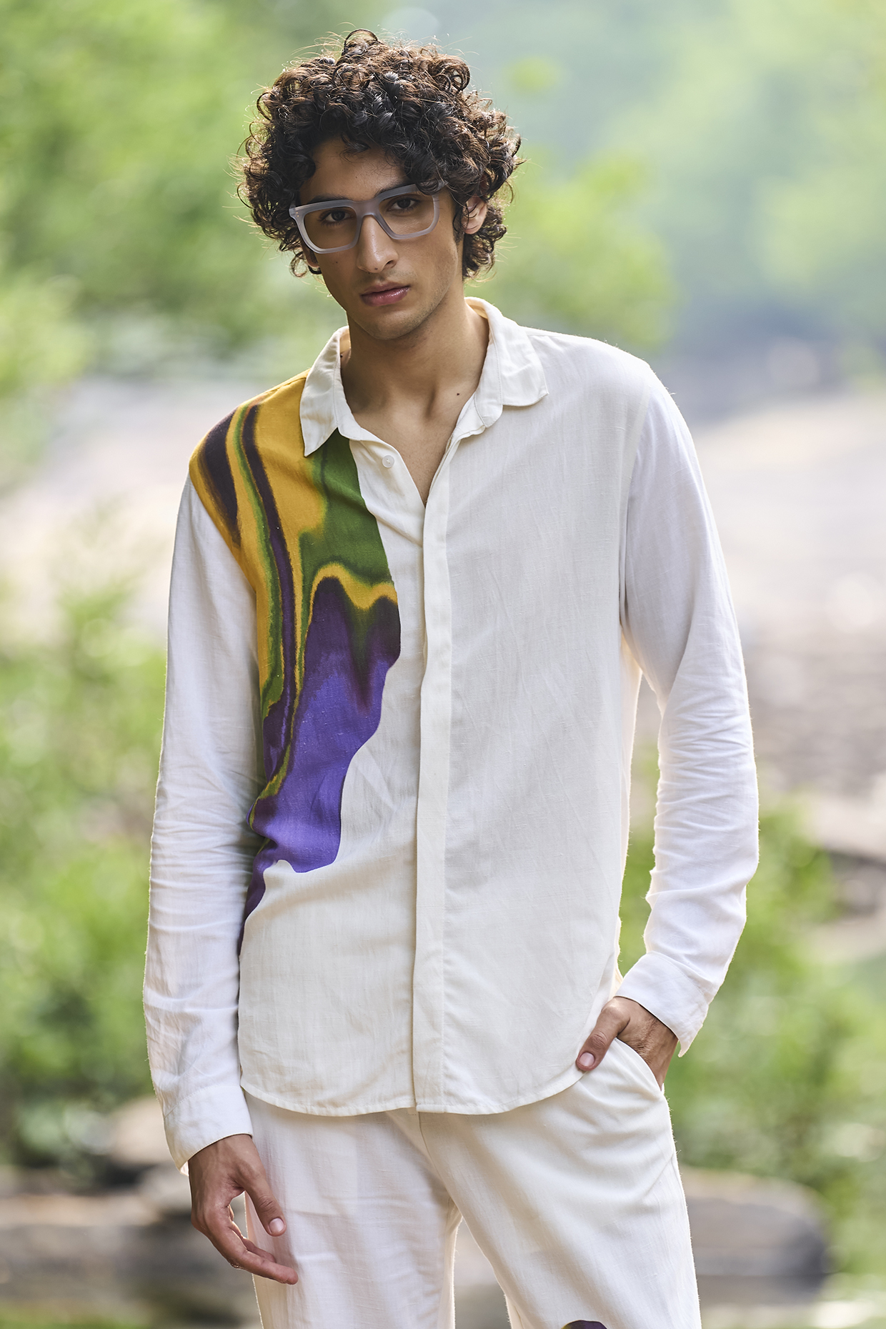 White Linen Placement Printed Shirt by Dash and Dot Men