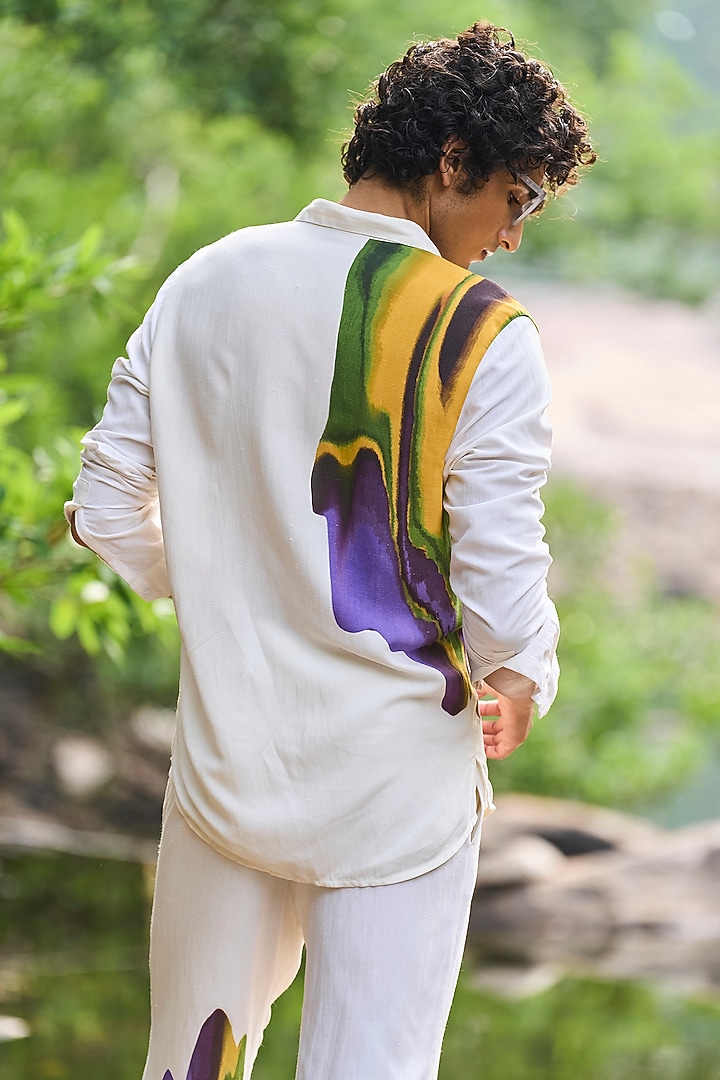 White Linen Placement Printed Party Wear Shirt by Dash and Dot Men at Pernia's Pop Up Shop