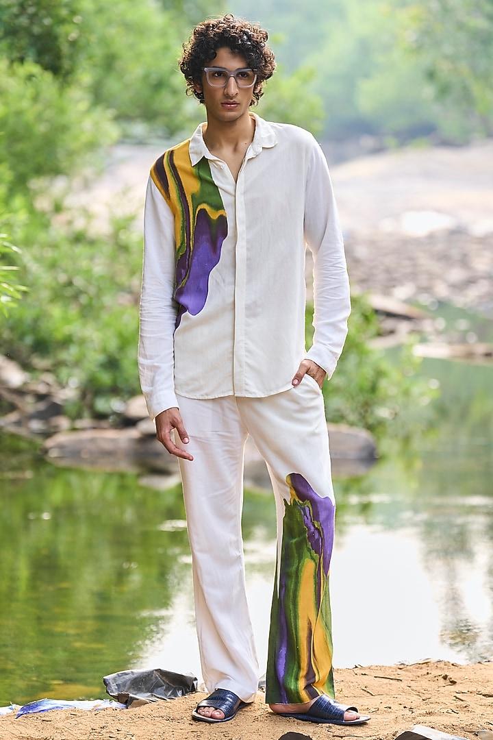 White Linen Placement Printed Party Wear Shirt by Dash and Dot Men at Pernia's Pop Up Shop