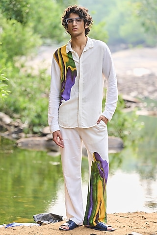 White Linen Placement Abstract Printed Pant by Dash and Dot Men