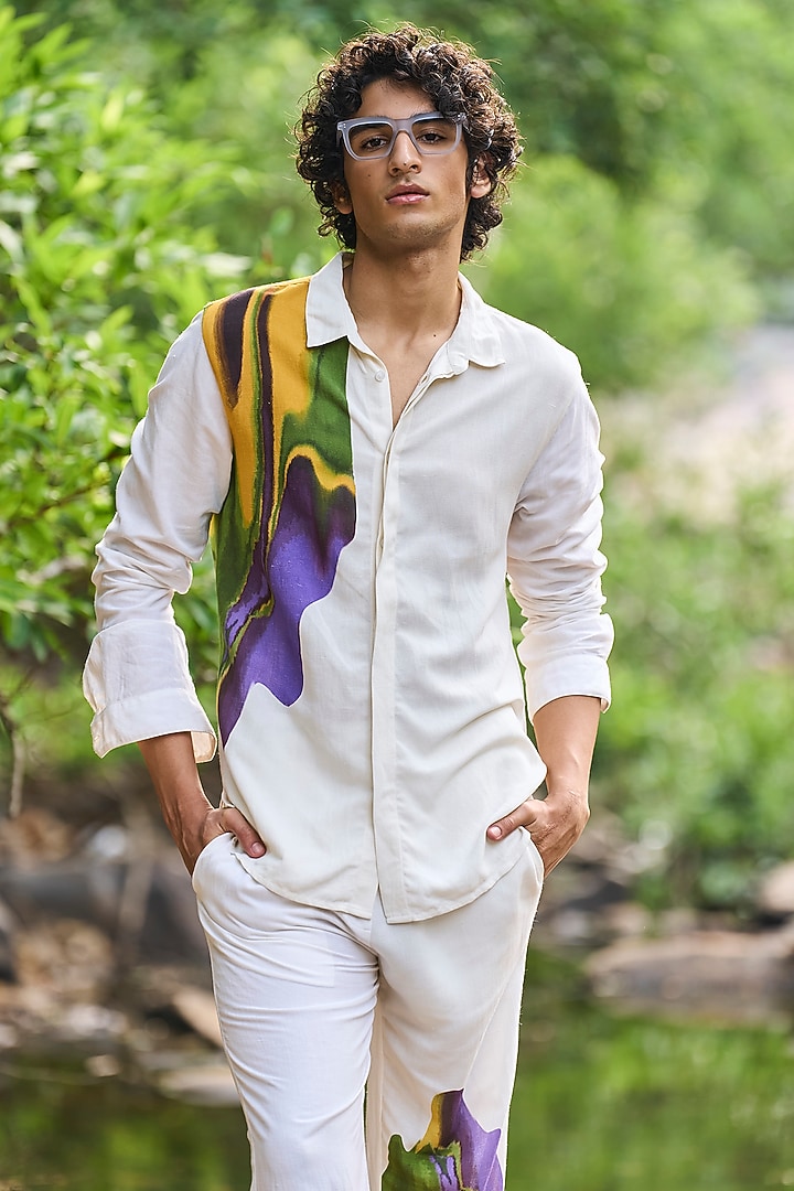 White Linen Placement Printed Co-Ord Set by Dash and Dot Men at Pernia's Pop Up Shop