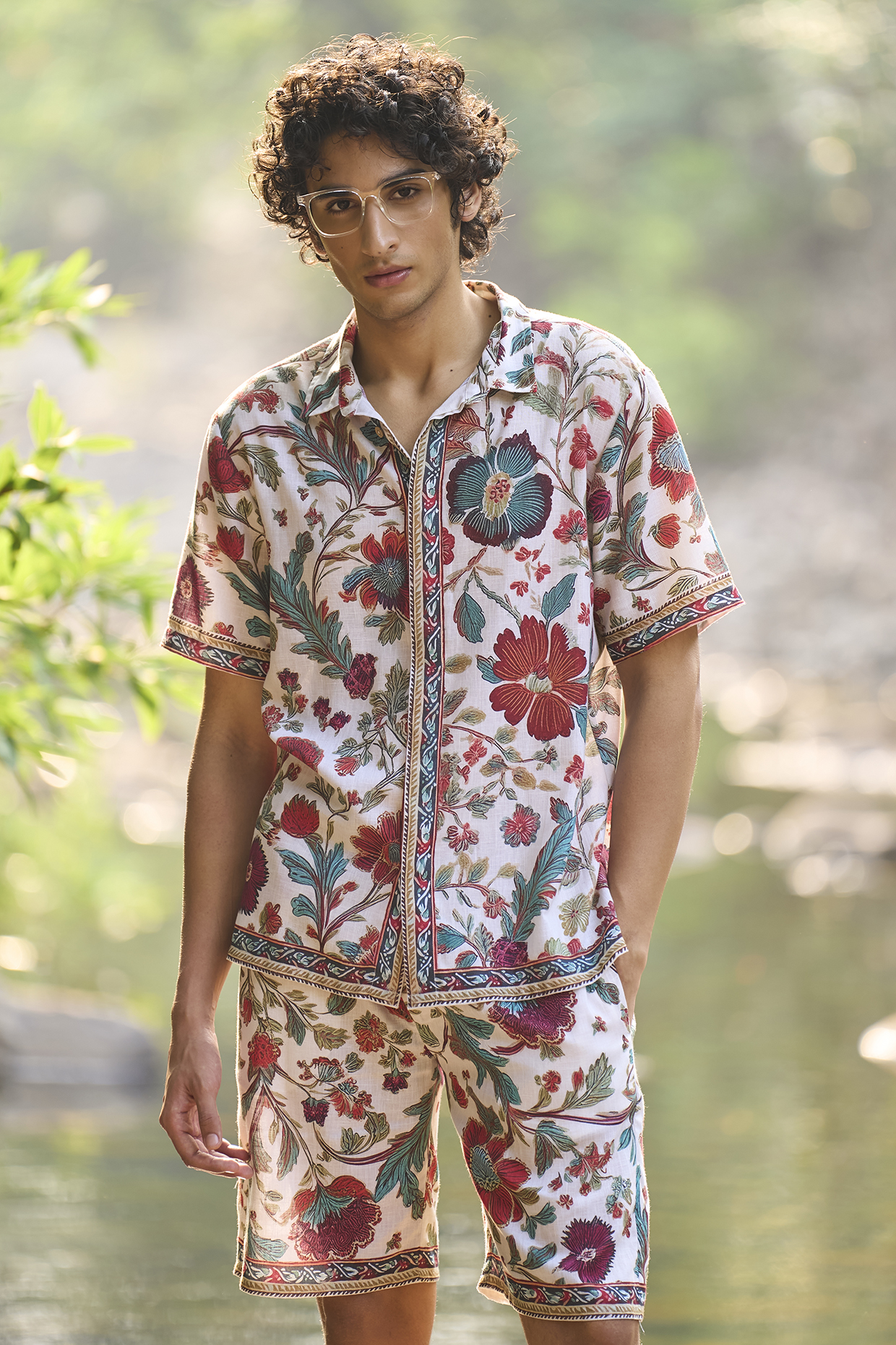 Multi-Colored Viscose & Linen Floral Block Printed Shirt by Dash and Dot Men