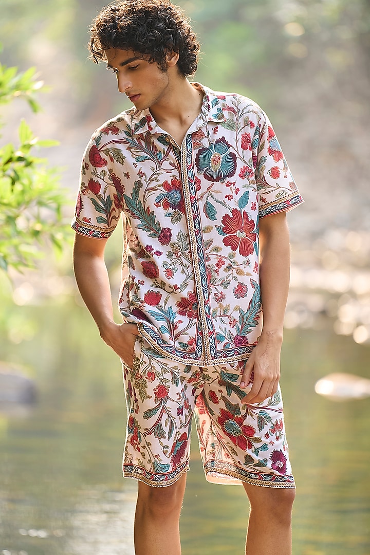 Multi-Colored Viscose & Linen Floral Block Printed Summer Shirt by Dash and Dot Men at Pernia's Pop Up Shop
