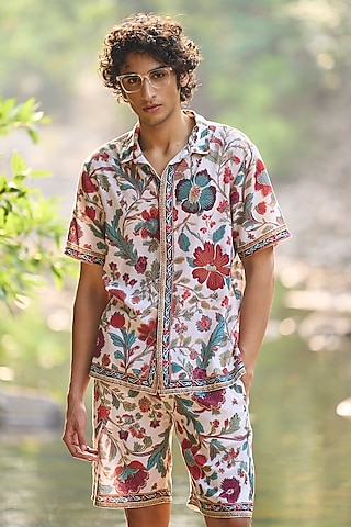 Multi-Colored Viscose & Linen Floral Block Printed Shorts by Dash and Dot Men