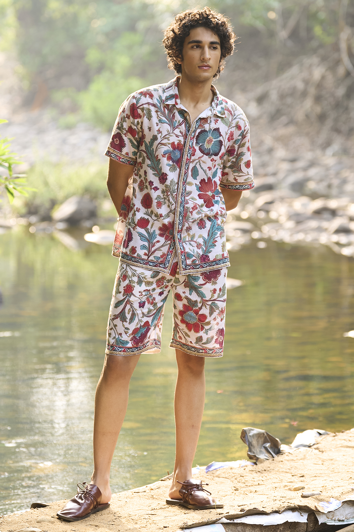 Multi-Colored Viscose & Linen Floral Block Printed Co-Ord Set by Dash and Dot Men