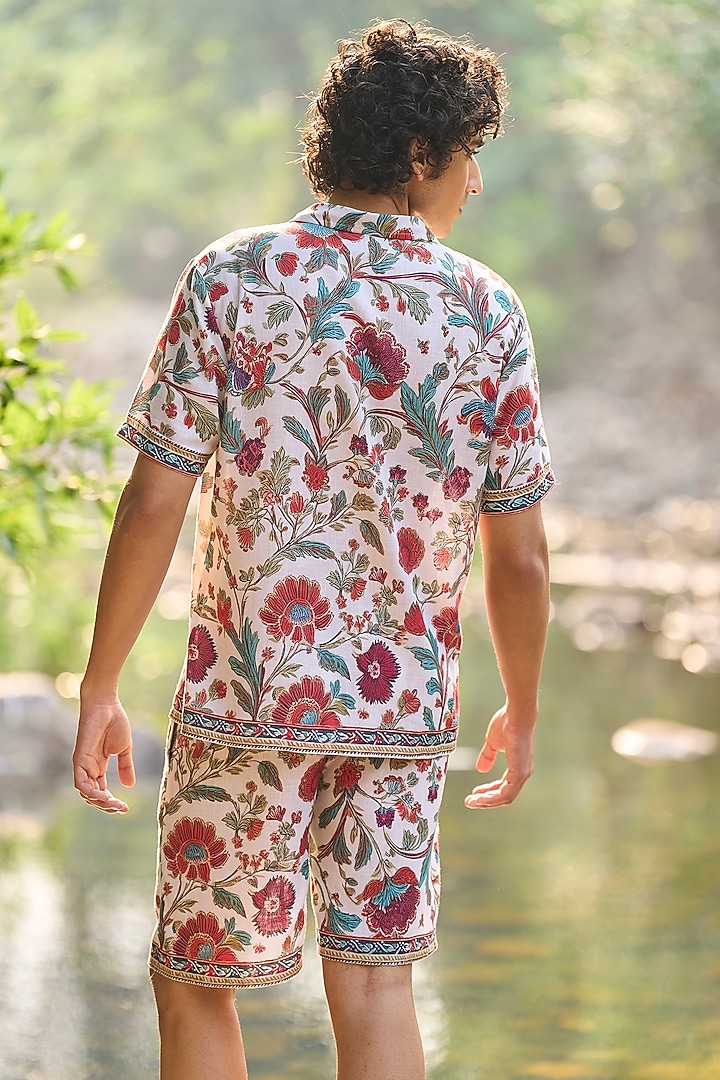 Multi-Colored Viscose & Linen Floral Block Printed Co-Ord Set by Dash and Dot Men at Pernia's Pop Up Shop