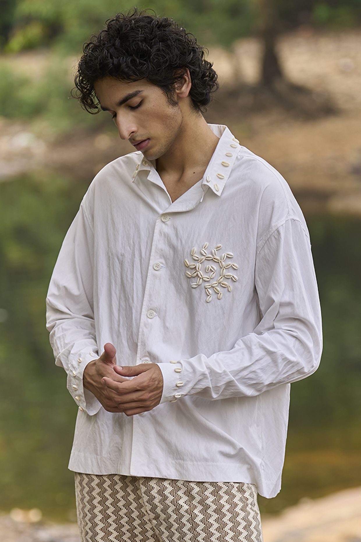 White Viscose & Poplin Hand Embroidered Shirt by Dash and Dot Men