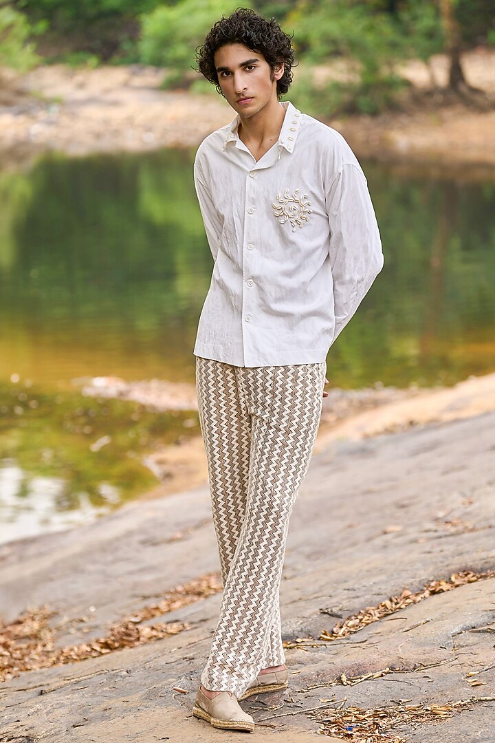 White Viscose & Poplin Hand Embroidered Party Wear Shirt by Dash and Dot Men at Pernia's Pop Up Shop