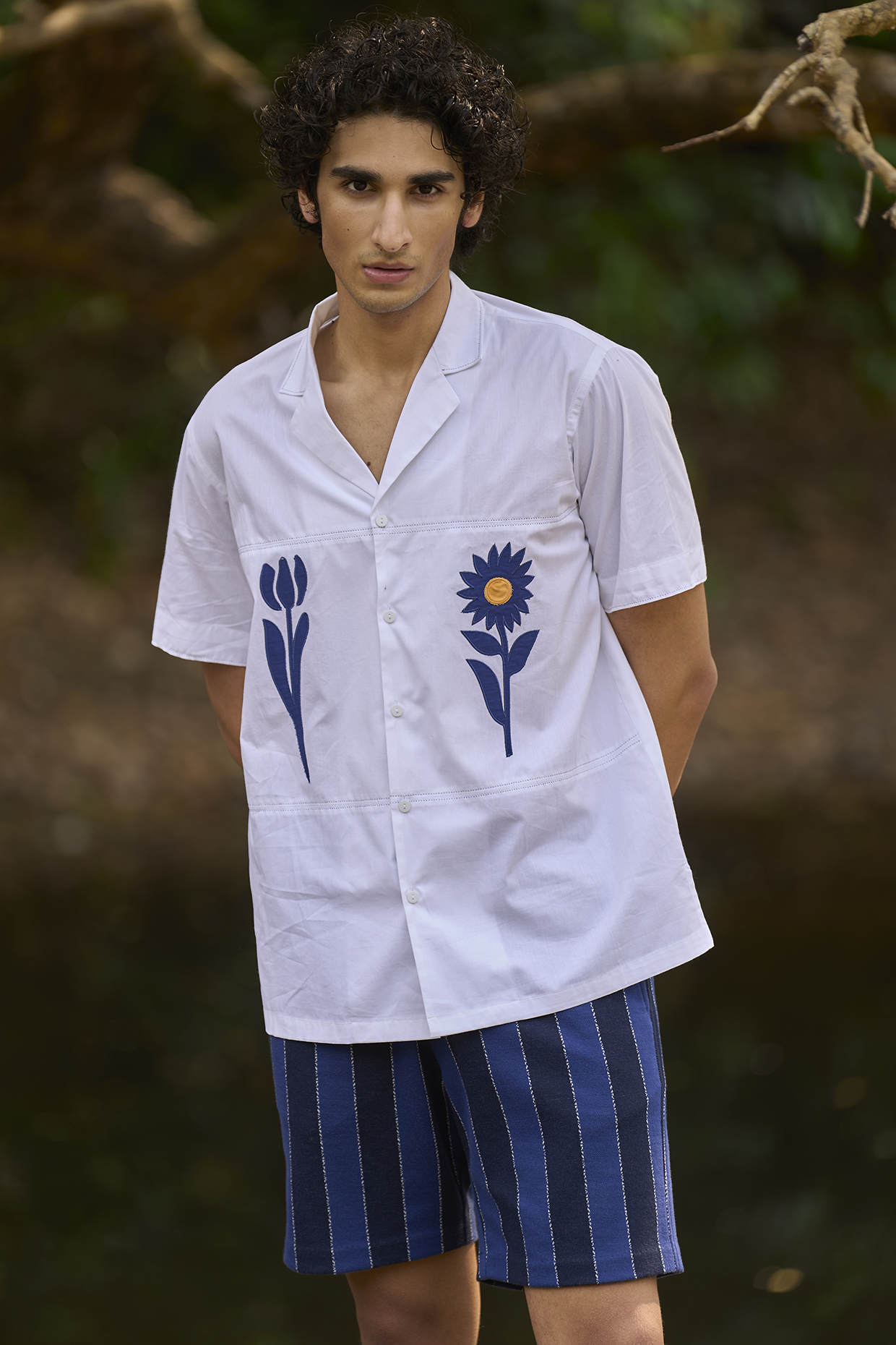 White Organic Cotton Patchwork Embroidered Shirt by Dash and Dot Men
