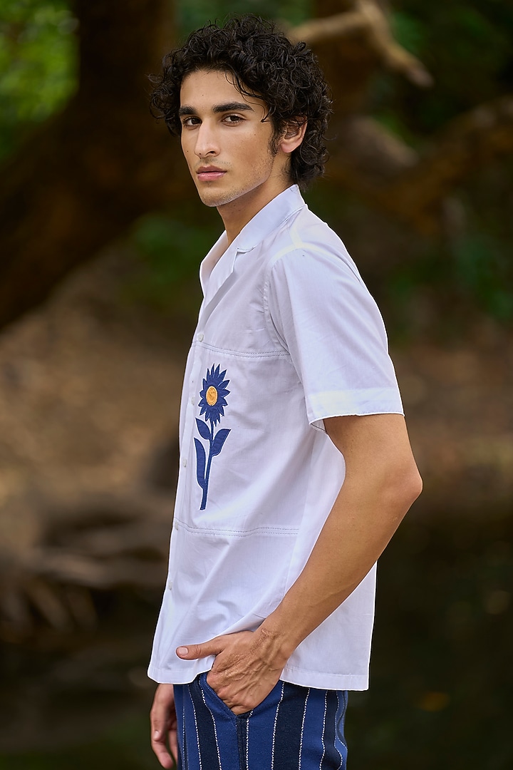 White Organic Cotton Patchwork Embroidered Summer Shirt by Dash and Dot Men at Pernia's Pop Up Shop