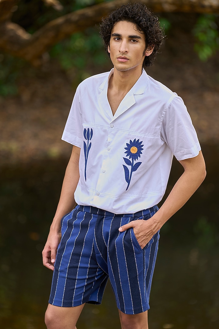 Navy Blue Jacquard Knit Striped Shorts by Dash and Dot Men at Pernia's Pop Up Shop