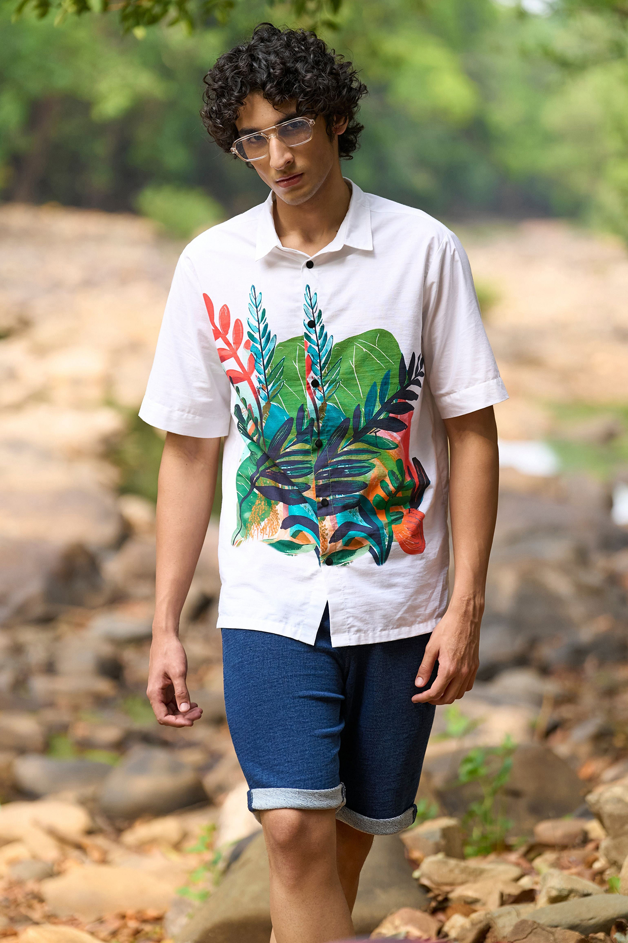 Ivory Organic Cotton Floral Leaf Printed Shirt by Dash and Dot Men