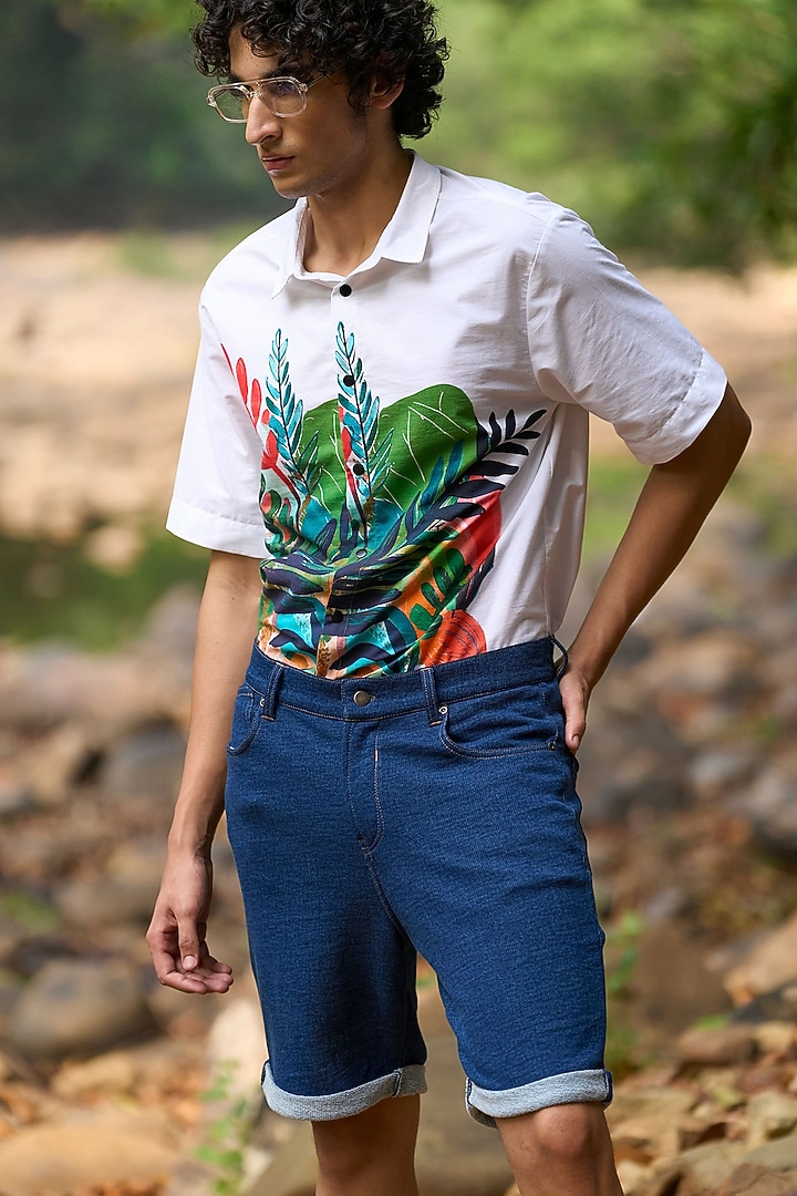 Ivory Organic Cotton Floral Leaf Printed Summer Shirt by Dash and Dot Men at Pernia's Pop Up Shop