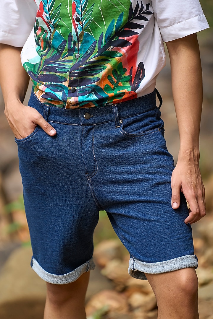 Indigo Organic Cotton Denim Knitted Shorts by Dash and Dot Men at Pernia's Pop Up Shop