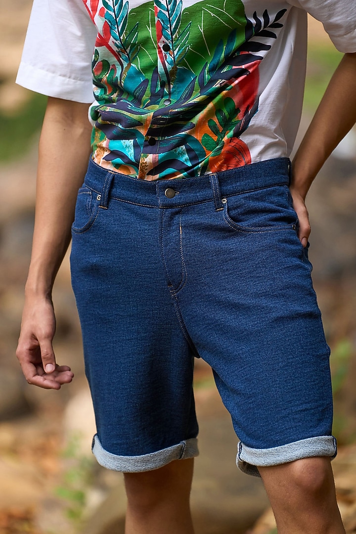 Indigo Organic Cotton Denim Knitted Shorts by Dash and Dot Men at Pernia's Pop Up Shop