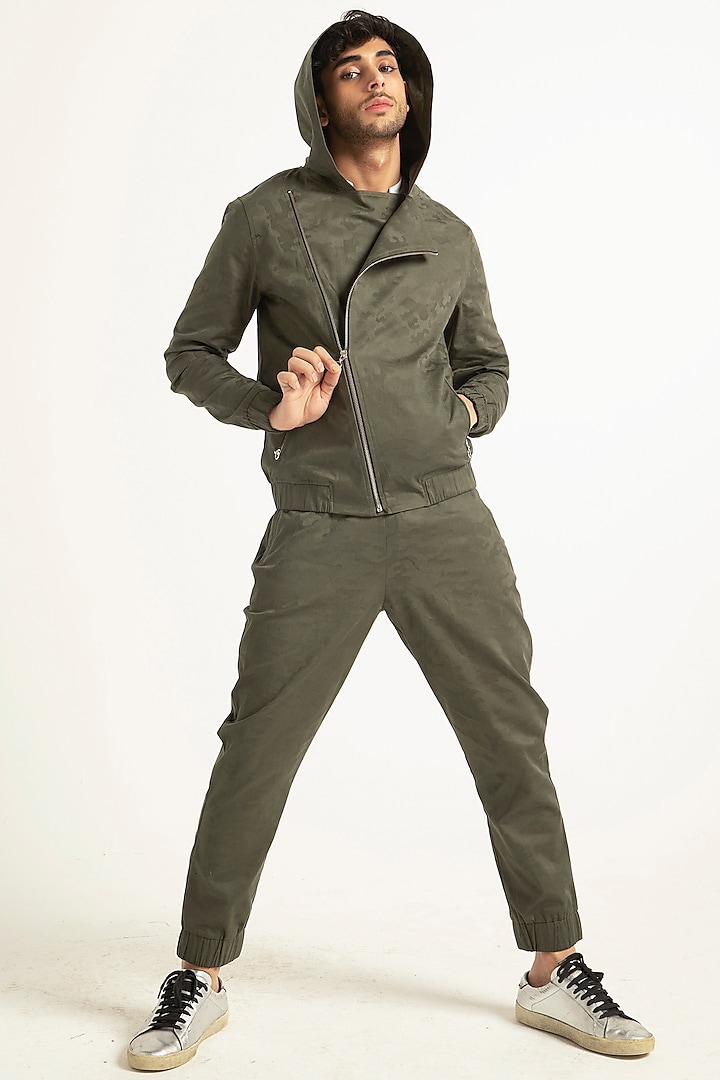 Military Green Jacquard Jogger With Hoodie by Dash and Dot Men