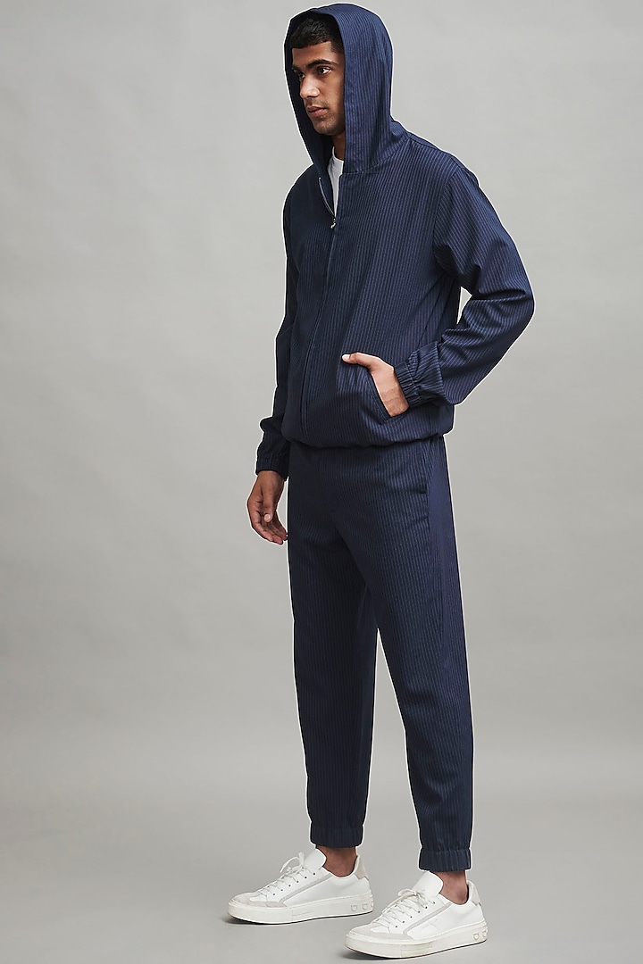 Navy Blue Jacquard Jogger With Hoodie by Dash and Dot Men