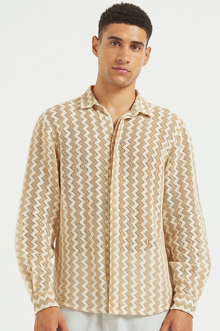 Beige Cotton Chevron Printed Summer Shirt by Dash and Dot Men at Pernia's Pop Up Shop