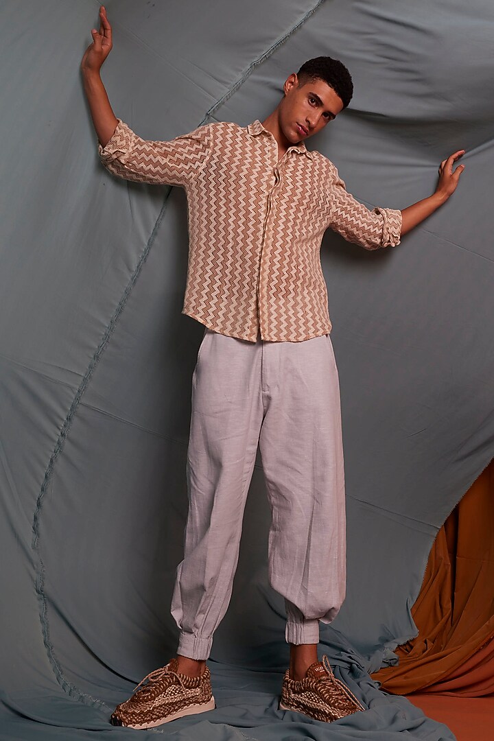 Beige Cotton Chevron Printed Summer Shirt by Dash and Dot Men at Pernia's Pop Up Shop