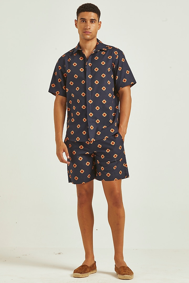 Navy Blue Cotton Printed Co-Ord Set by Dash and Dot Men