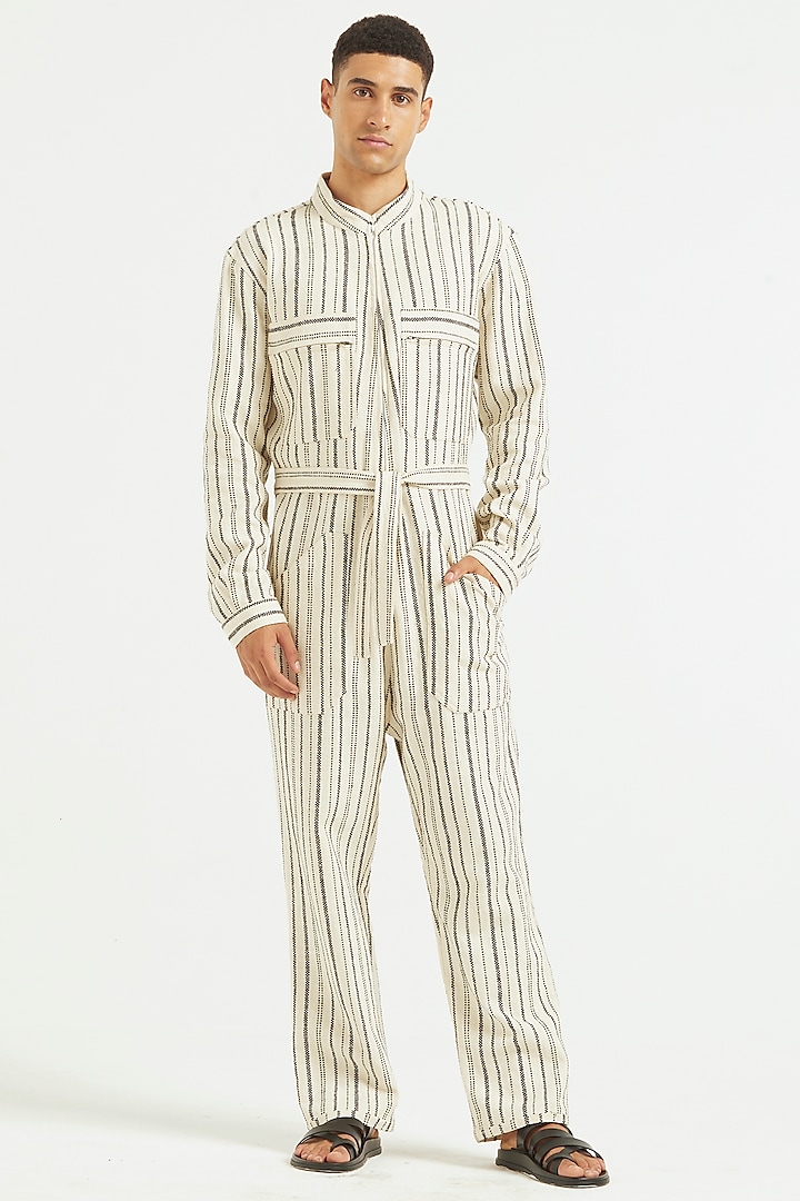 Ivory & Black Striped Jumpsuit by Dash and Dot Men