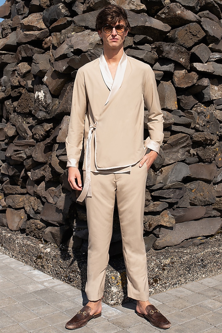 Beige Suiting Fabric Co-Ord Set by Dash and Dot Men