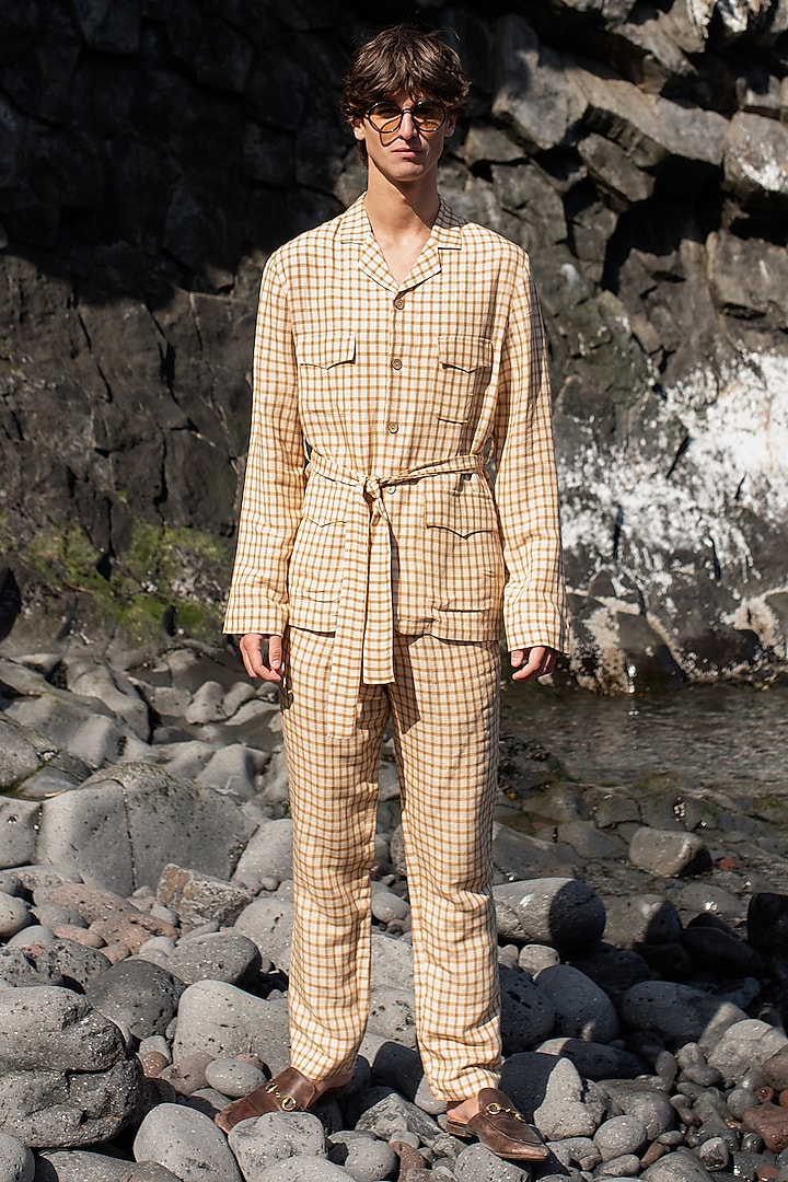 Beige Linen Checkered Co-Ord Set by Dash and Dot Men