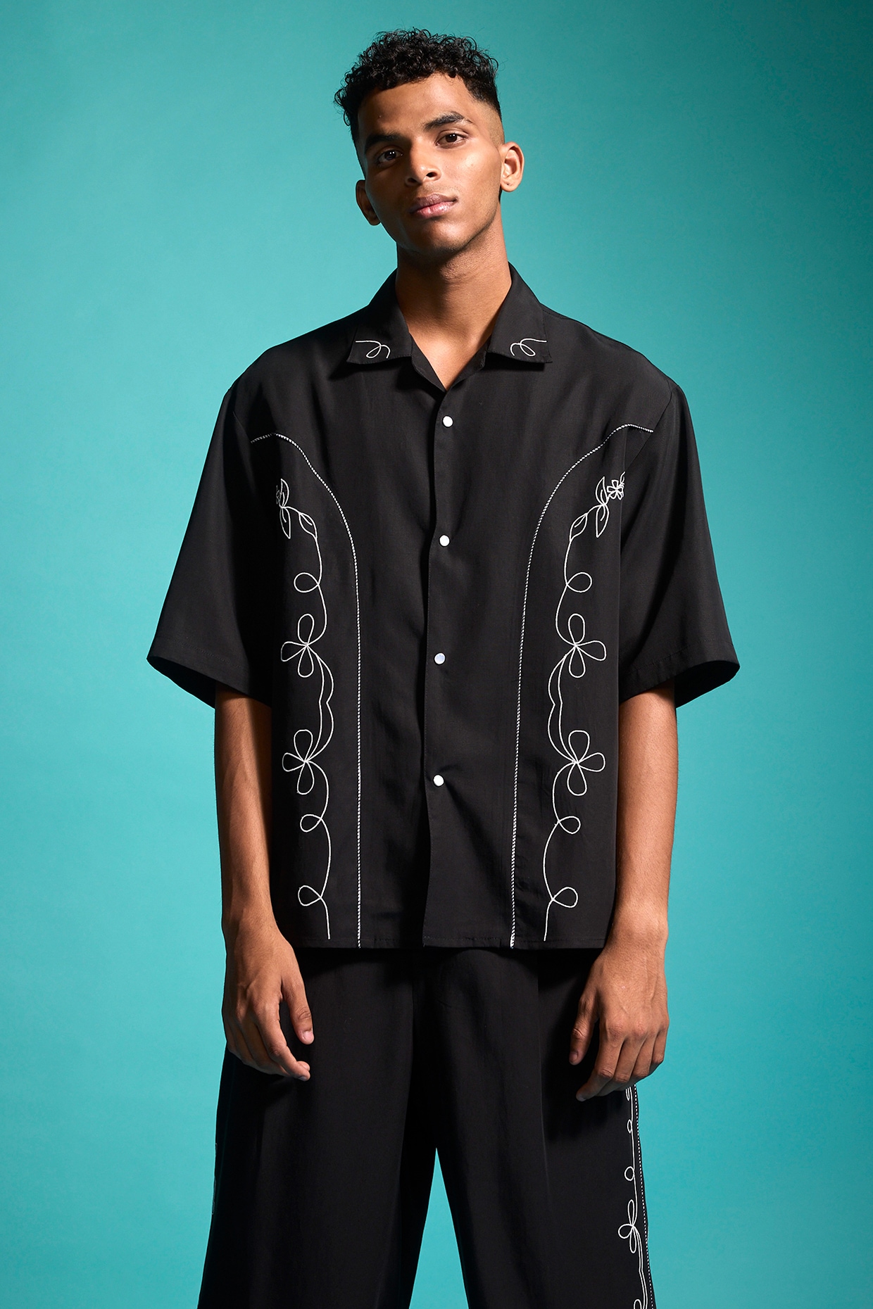 Black Tencel Embroidered Shirt by Dash and Dot Men at Pernia's Pop