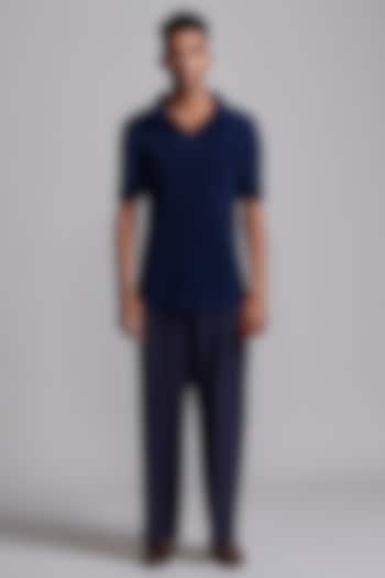 Navy Blue Recycled Polyester Pleated Polo T-Shirt by Dash and Dot Men