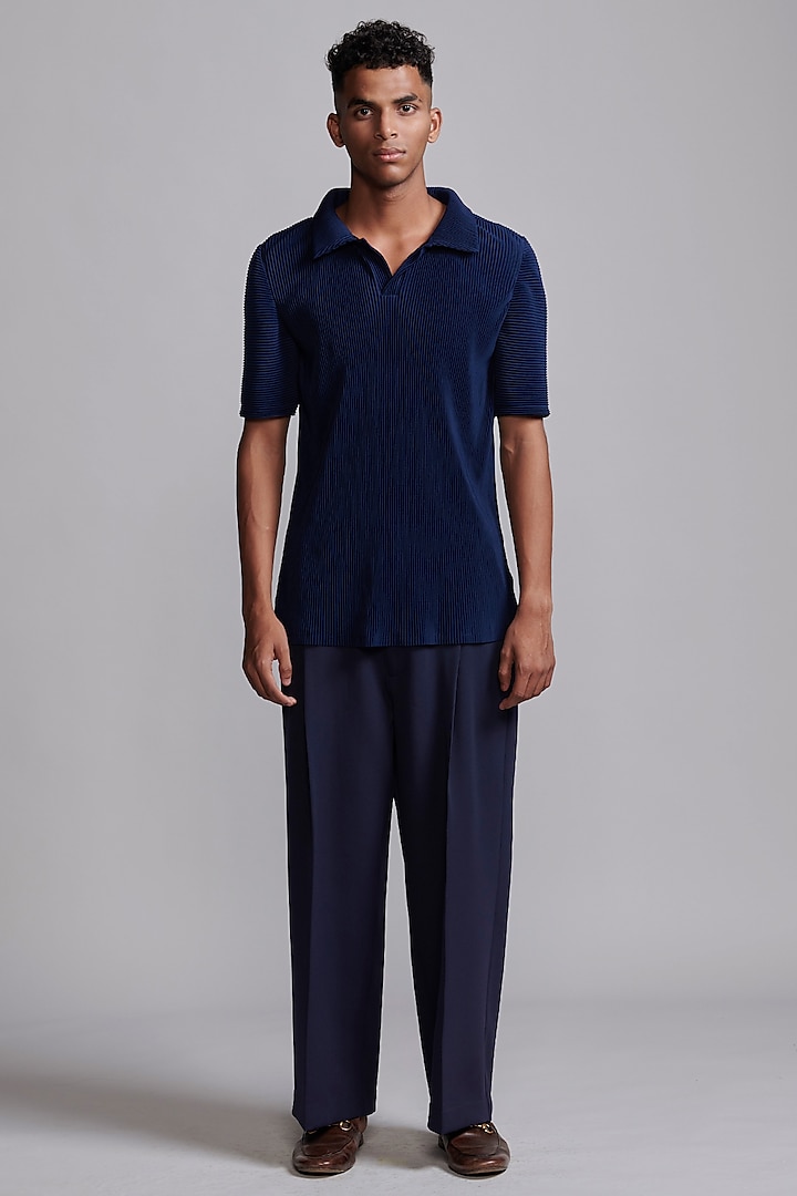 Navy Blue Recycled Polyester Pleated Polo T-Shirt by Dash and Dot Men