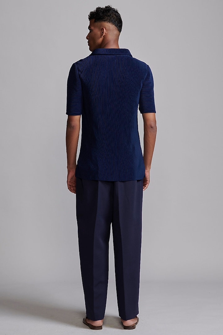 Navy Blue Recycled Polyester Pleated Polo T-Shirt by Dash and Dot Men at Pernia's Pop Up Shop