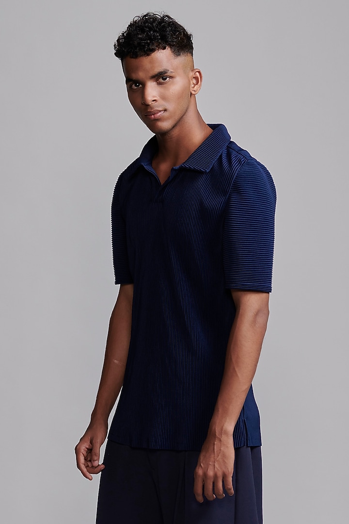 Navy Blue Recycled Polyester Pleated Polo T-Shirt by Dash and Dot Men at Pernia's Pop Up Shop