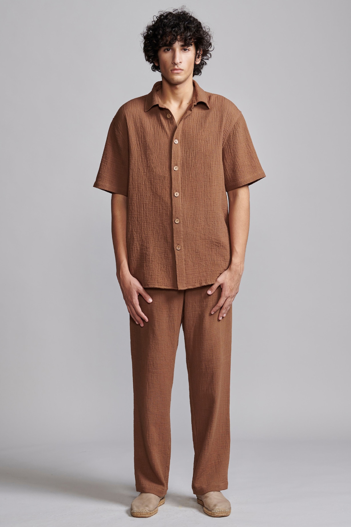 Brown Textured Organic Crinkle Cotton Pants by Dash and Dot Men at 
