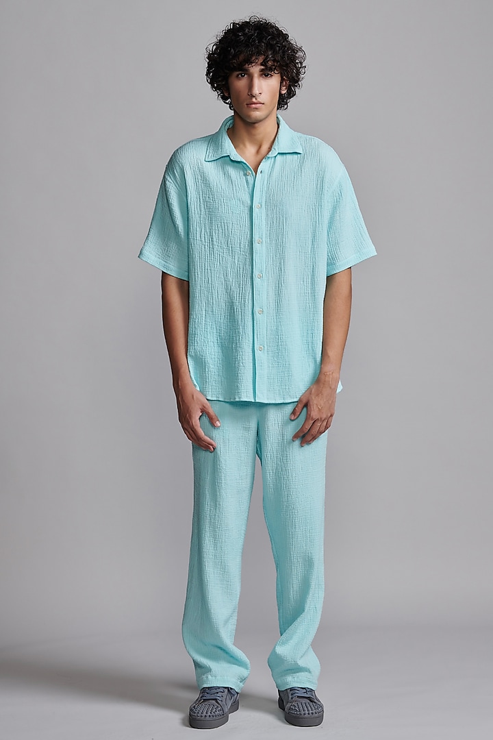 Ice Blue Textured Organic Crinkle Cotton Boxy Shirt by Dash and Dot Men