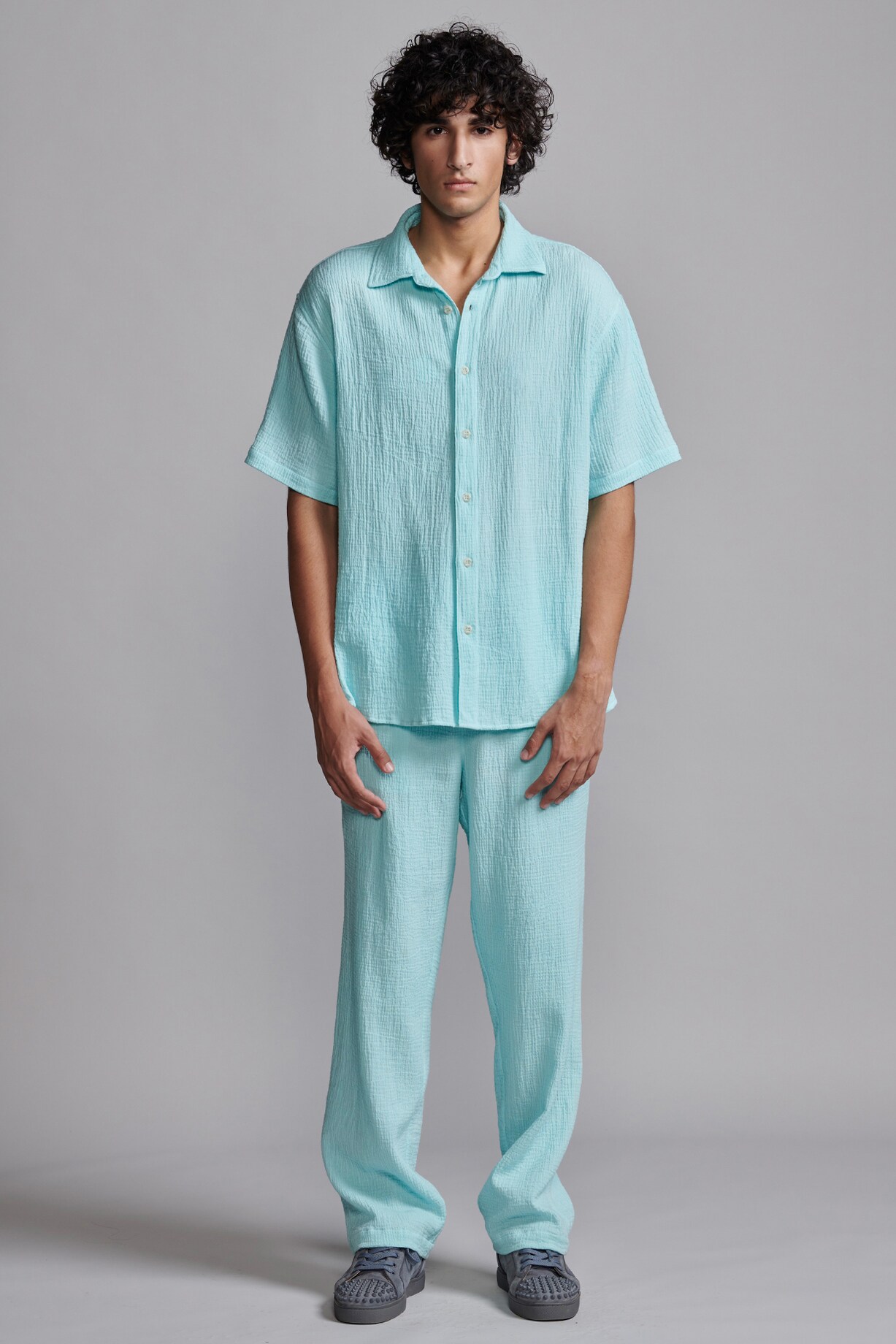 Ice Blue Textured Organic Crinkle Cotton Straight Pants by Dash 