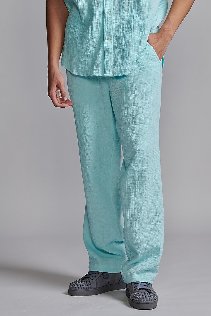 Ice Blue Textured Organic Crinkle Cotton Straight Pants by Dash and Dot Men at Pernia's Pop Up Shop