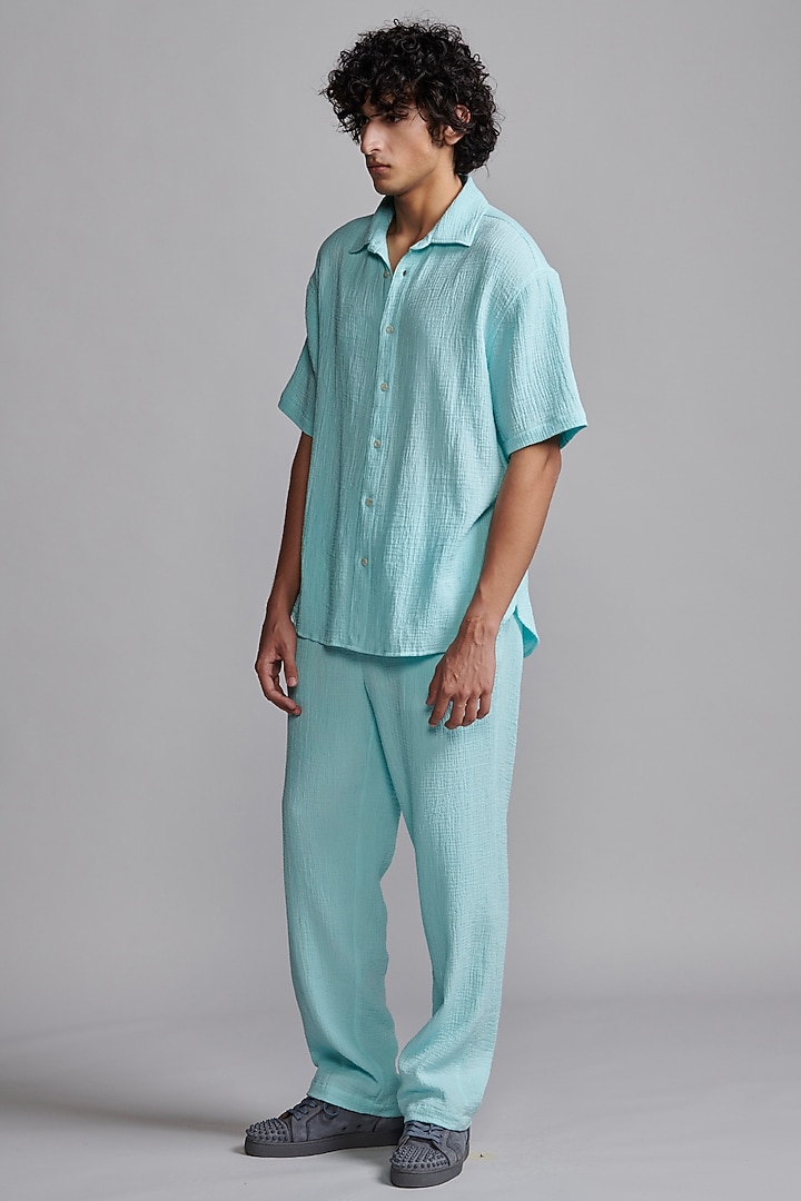 Ice Blue Textured Organic Crinkle Cotton Straight Pants by Dash and Dot Men at Pernia's Pop Up Shop