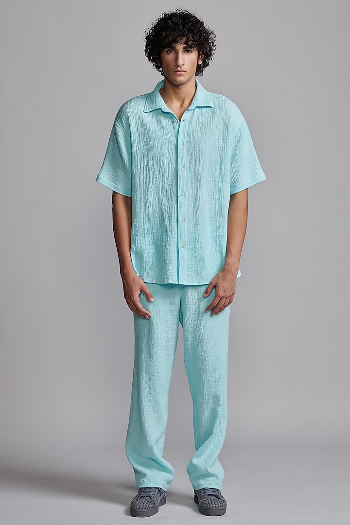 Ice Blue Textured Organic Crinkle Cotton Co-Ord Set by Dash and Dot Men at Pernia's Pop Up Shop