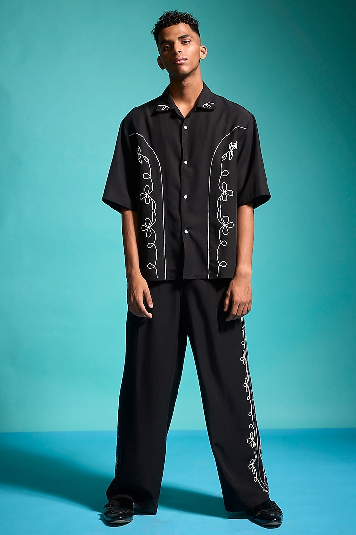 Black Tencel Embroidered Mid-Rise Pants by Dash and Dot Men