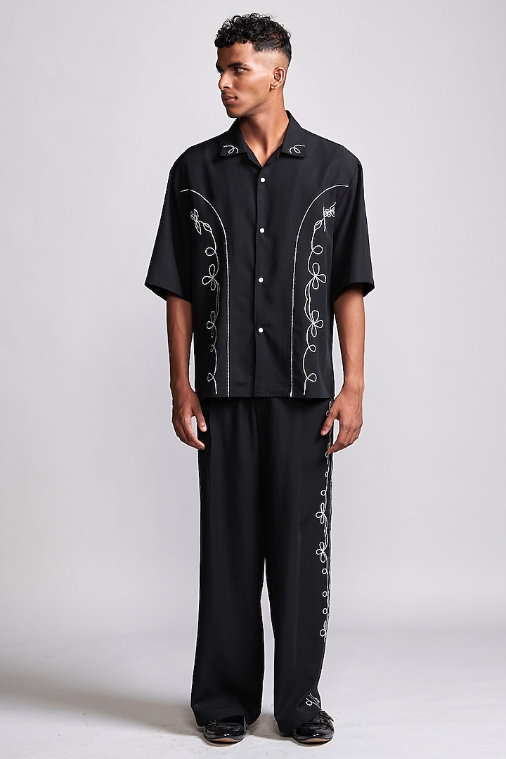 Black Tencel Embroidered Co-Ord Set by Dash and Dot Men at Pernia's Pop Up Shop