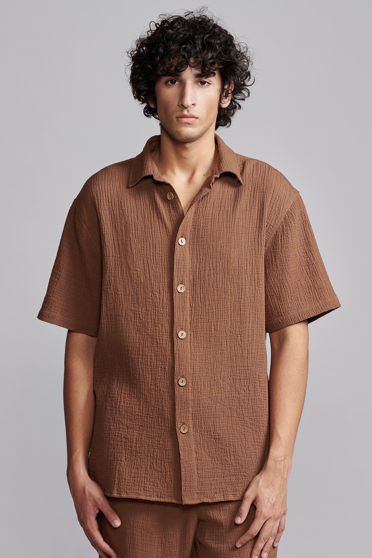 Brown Textured Organic Crinkle Cotton Boxy Shirt by Dash and